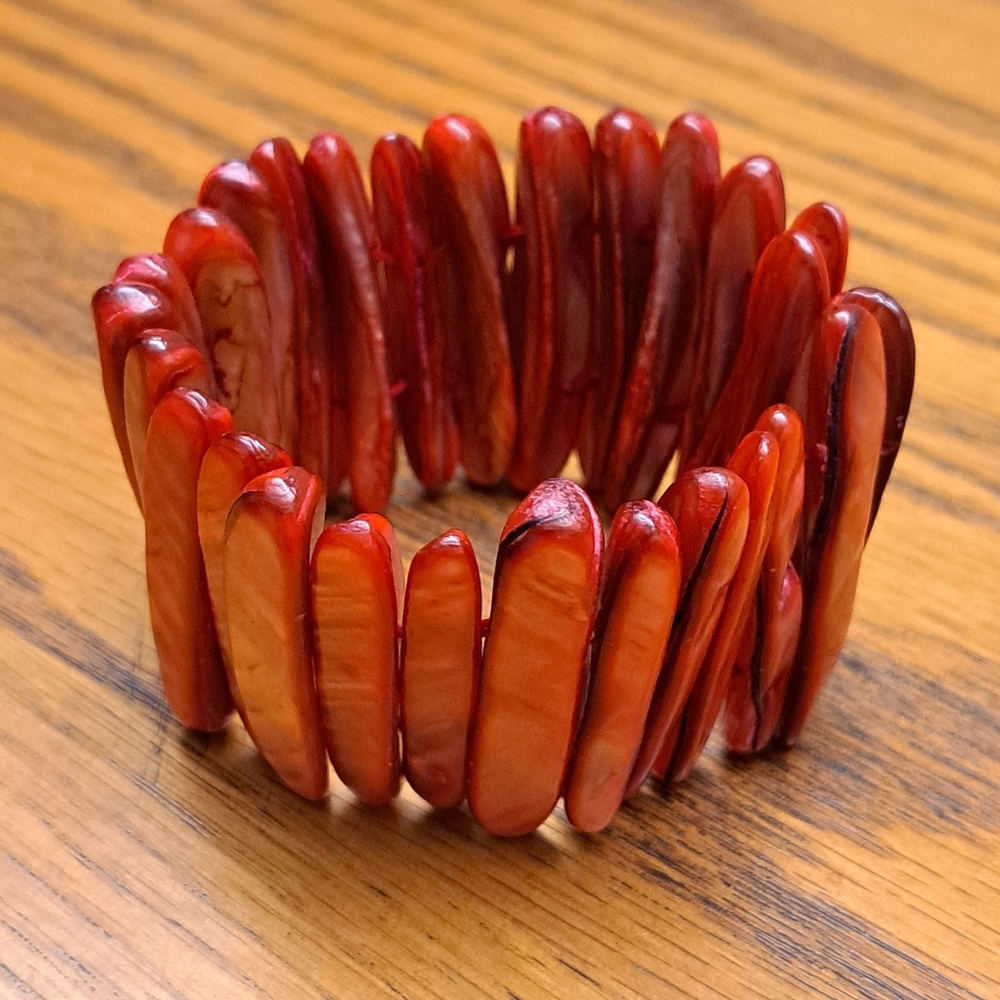 Vintage Red Abalone Shell Stretch Bracelet Wide Cuff Flat 3.5" Bangle Trinket - Picture 7 of 7